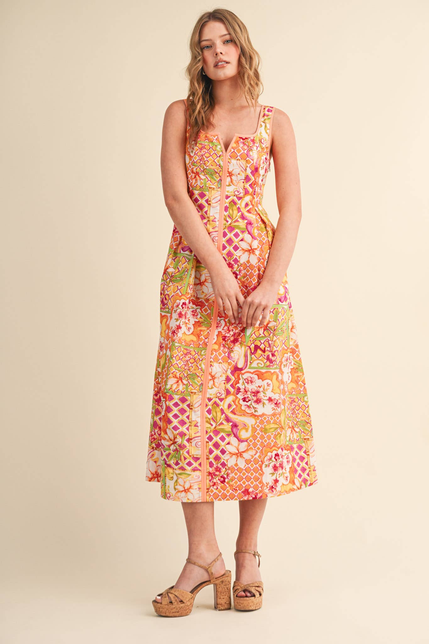 Ivory Pink Floral Midi Dress