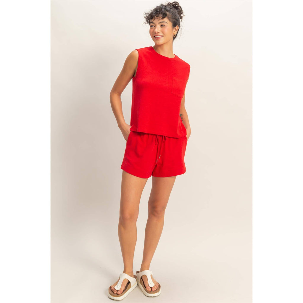 Red Sleeveless Cotton Top With Pocket