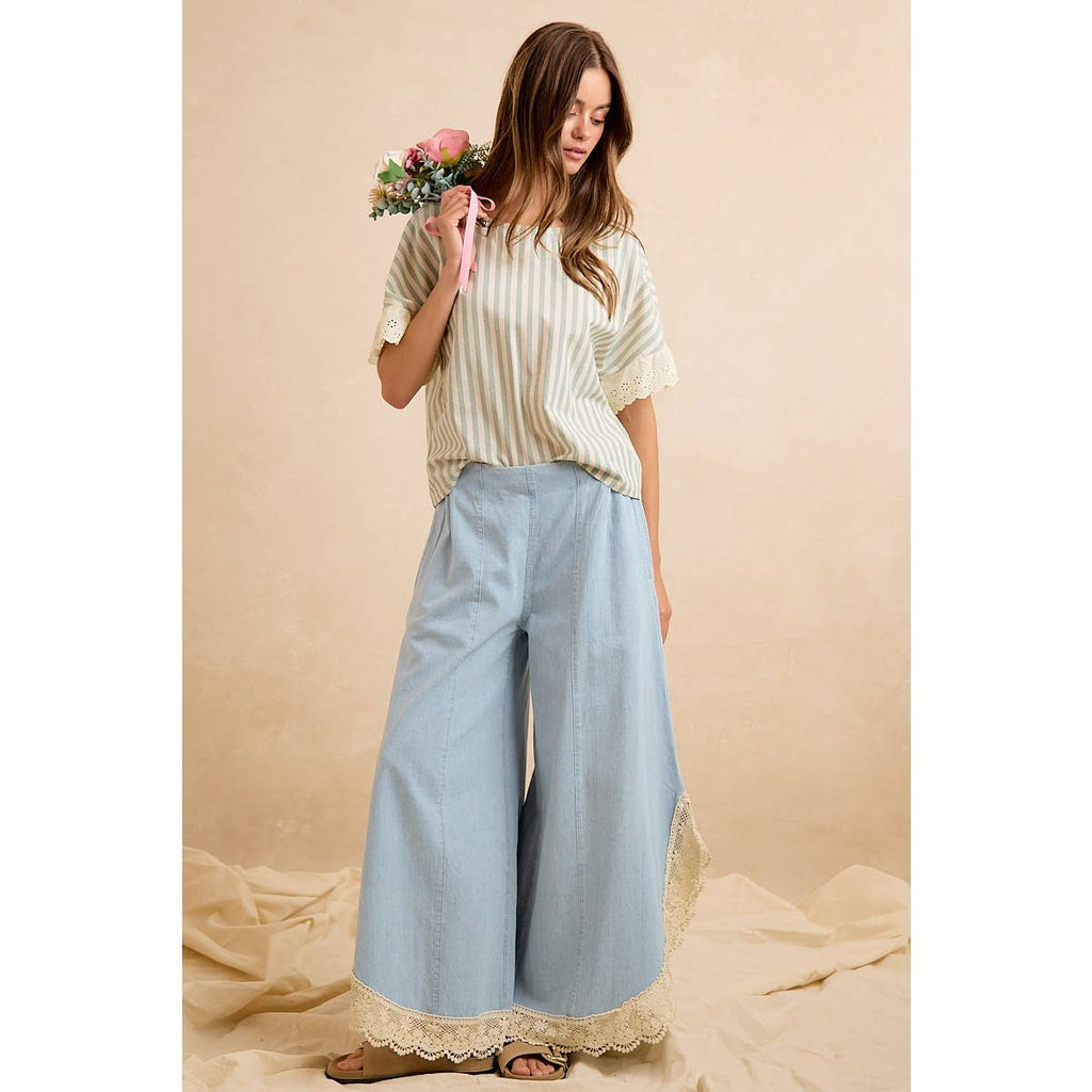Denim Wide Leg Lace Tulip Hem Jeans
