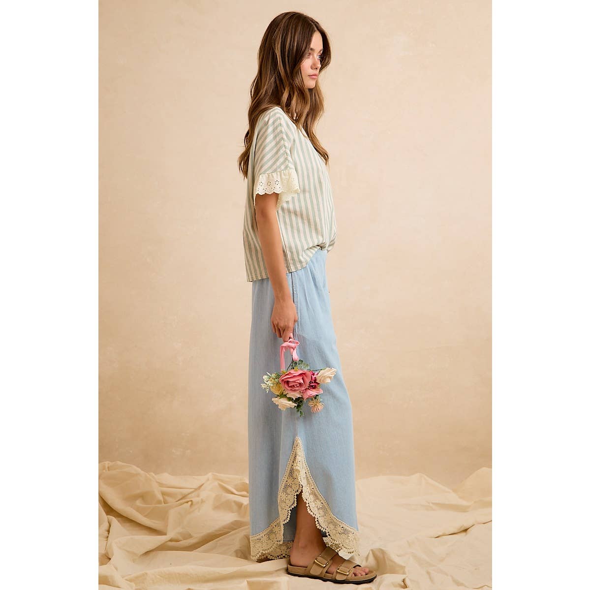 Denim Wide Leg Lace Tulip Hem Jeans