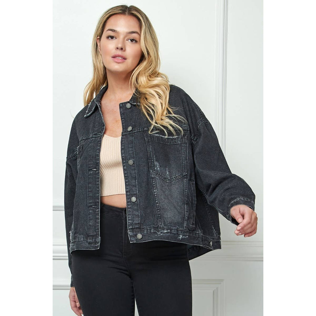 Plus Size Black Oversize Pleated Back Denim Jacket