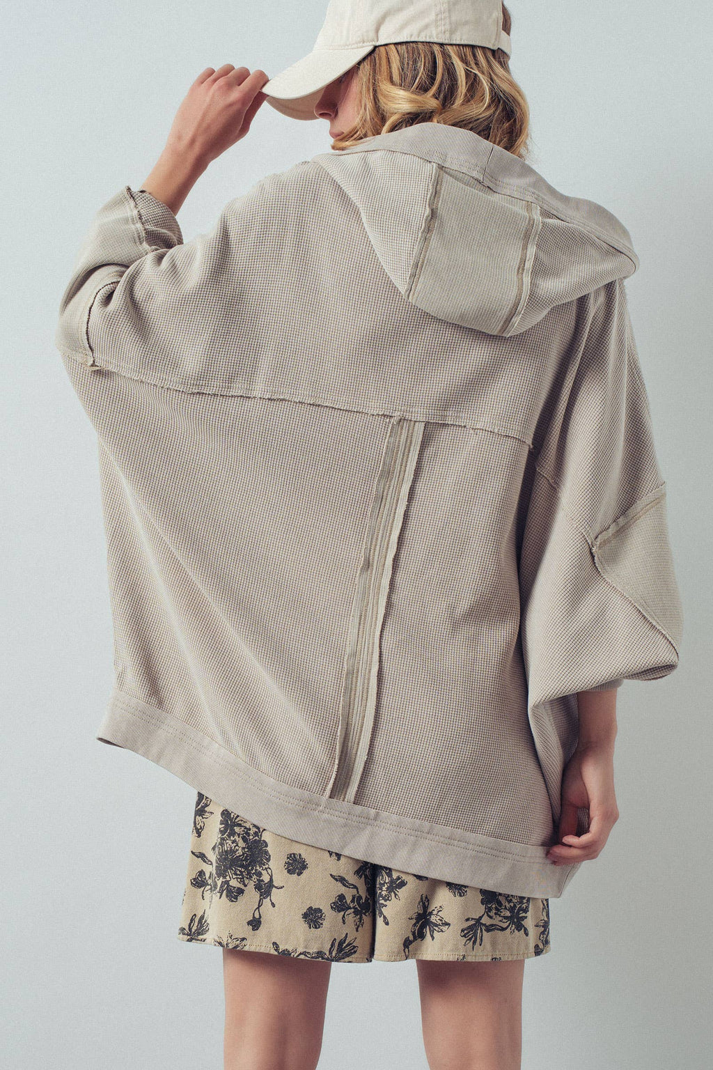 Taupe Washed Waffle Knit Hooded Cardigan