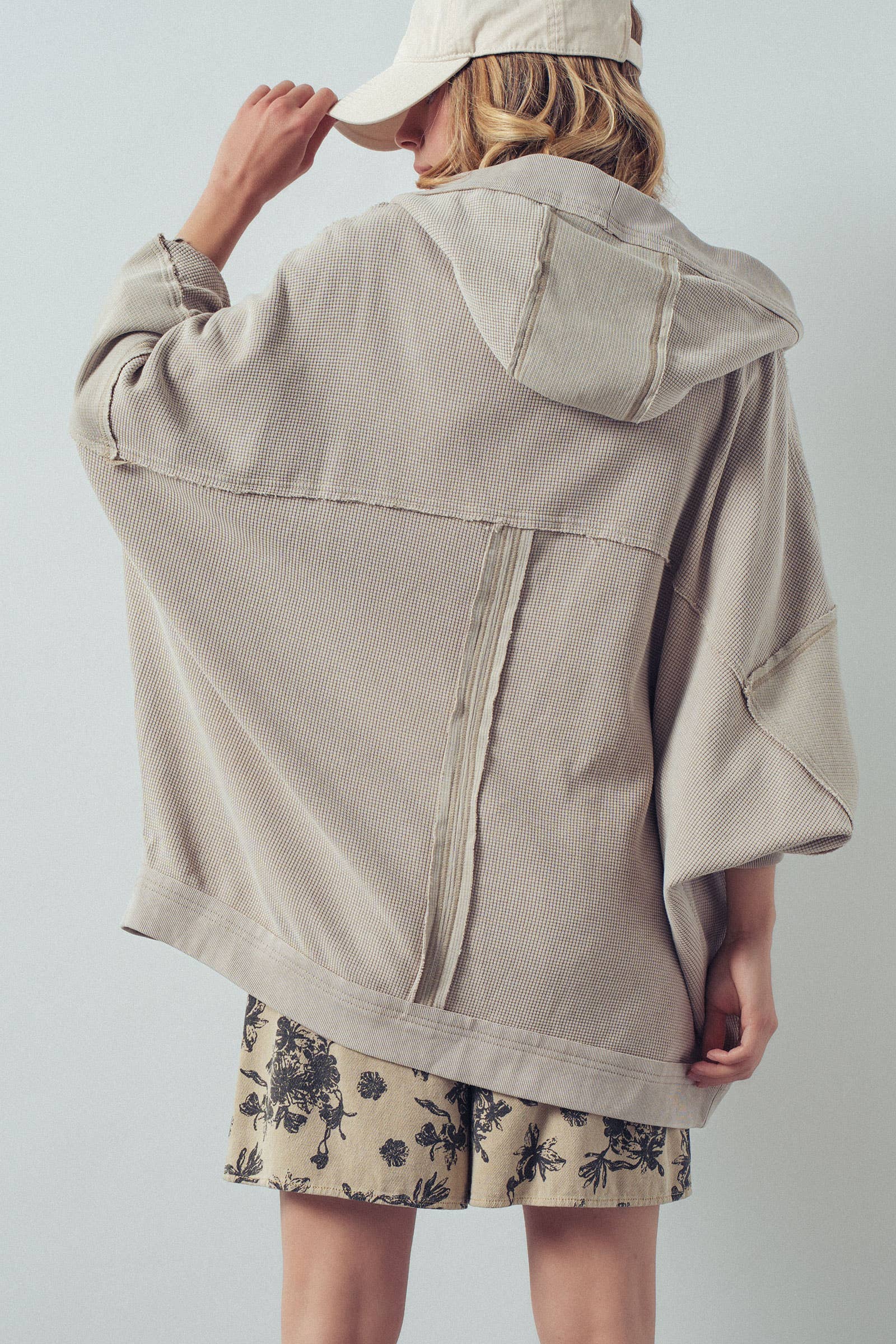 Taupe Washed Waffle Knit Hooded Cardigan