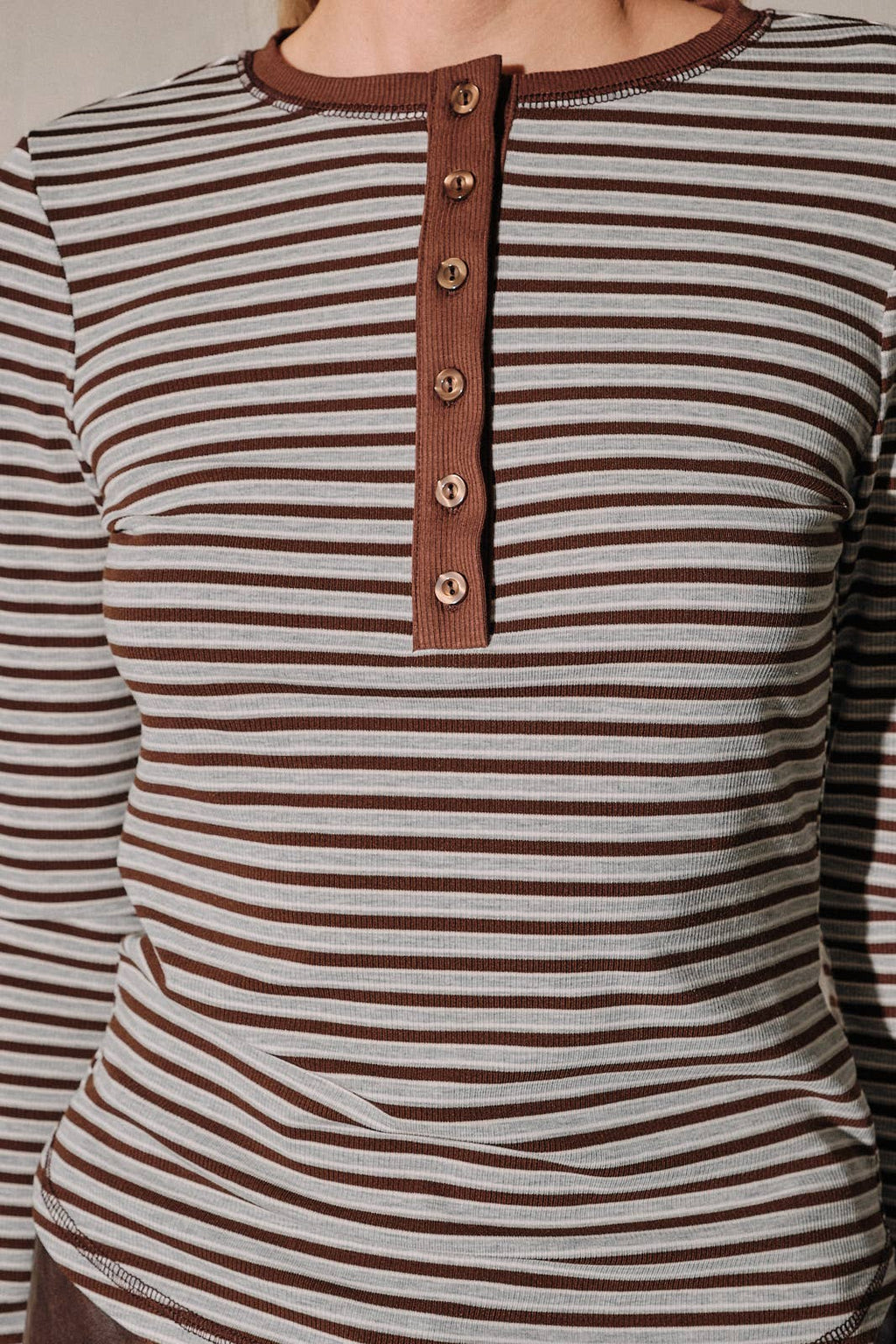 Striped Contrast Trim Henley Long Sleeve Top