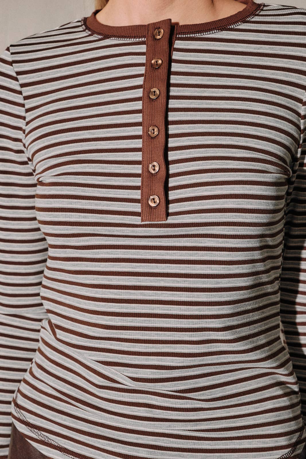 Striped Contrast Trim Henley Long Sleeve Top