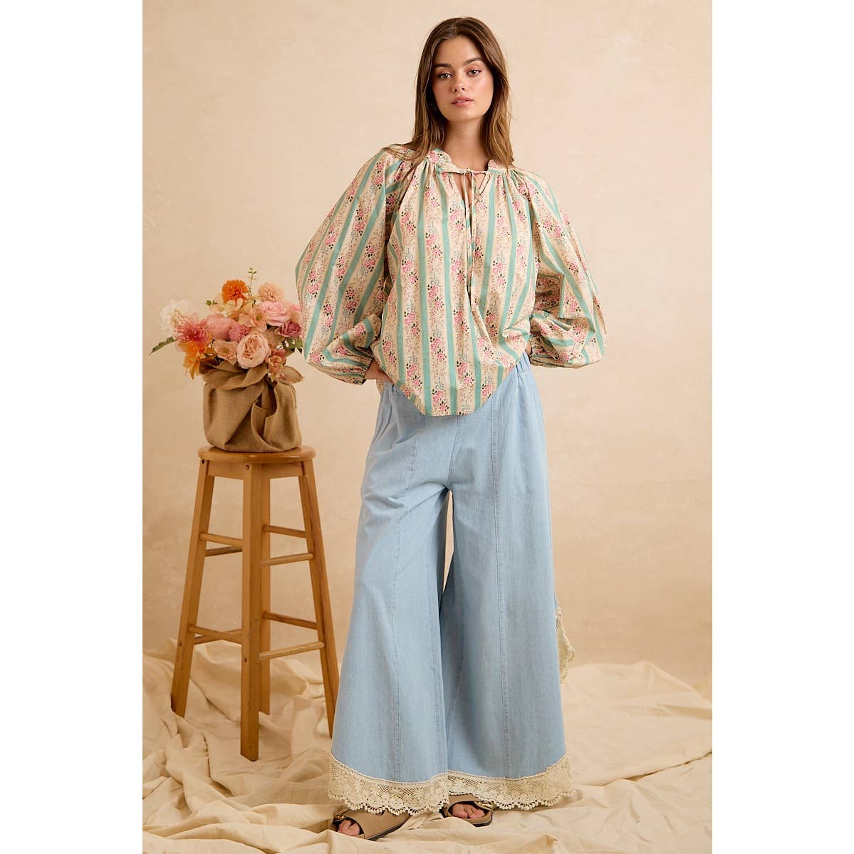 Denim Wide Leg Lace Tulip Hem Jeans