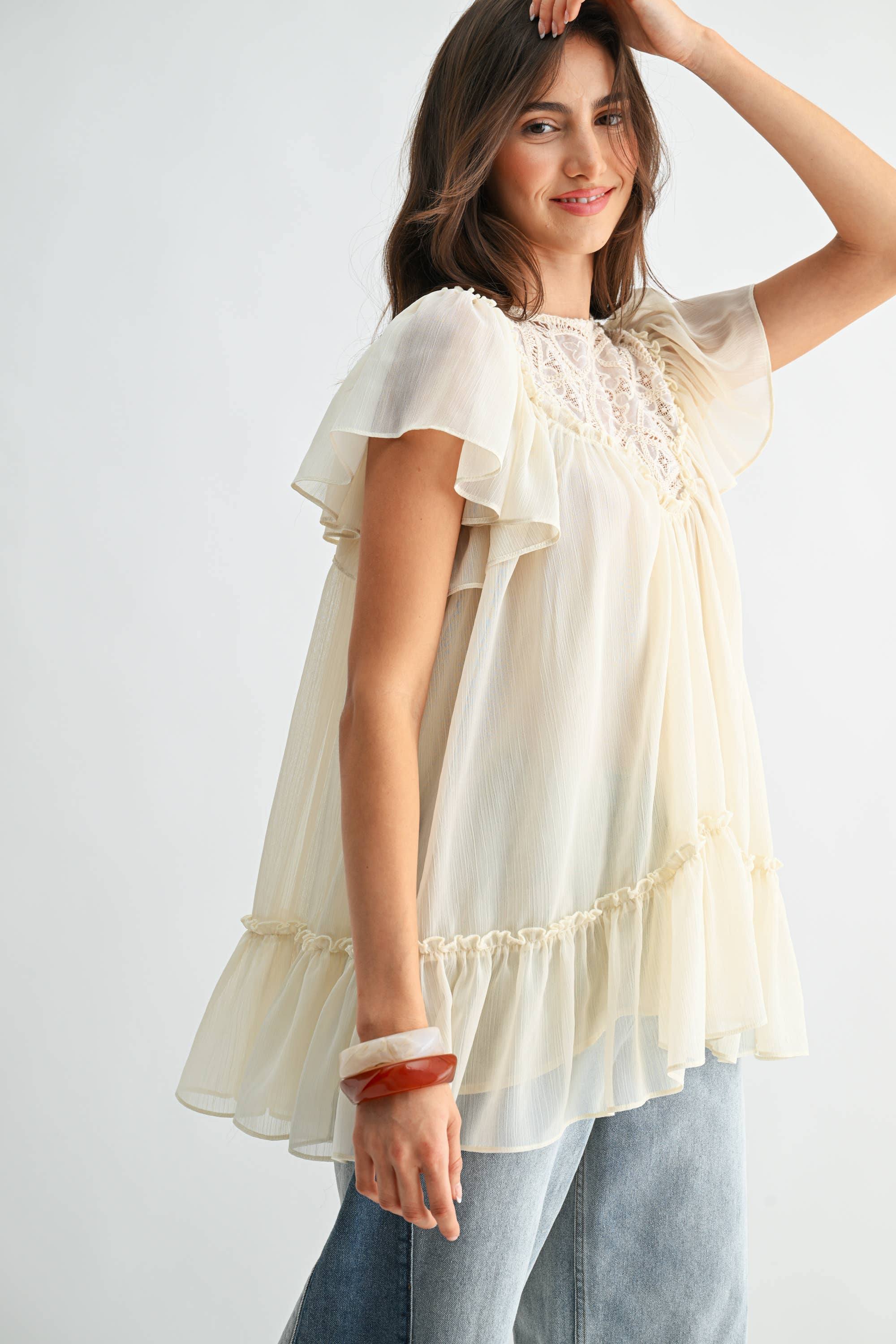 Cream Sheer Lace Yoke Ruffle Sleeve Blouse