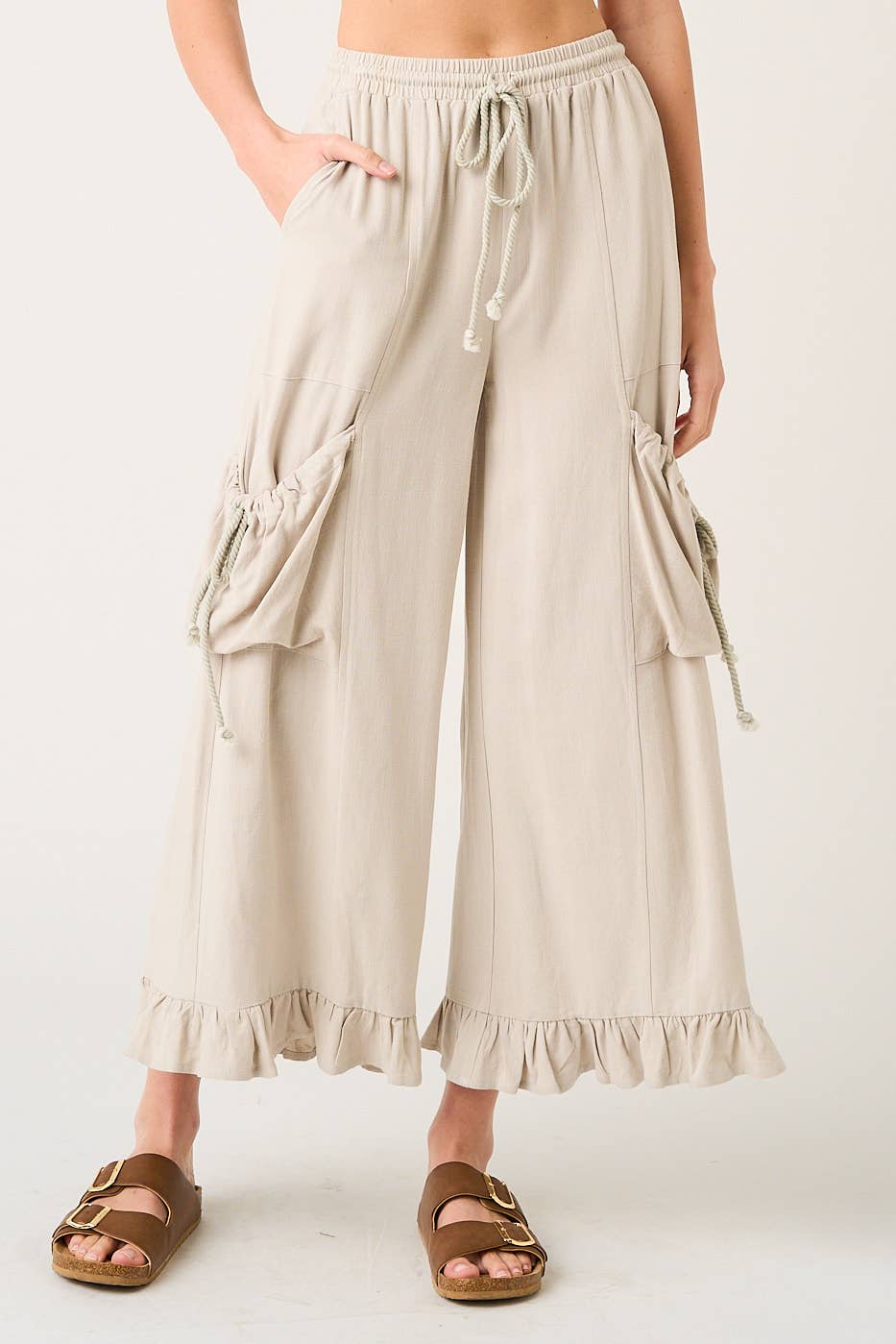 Silver Oat Ruffle Hem Wide Leg Pant