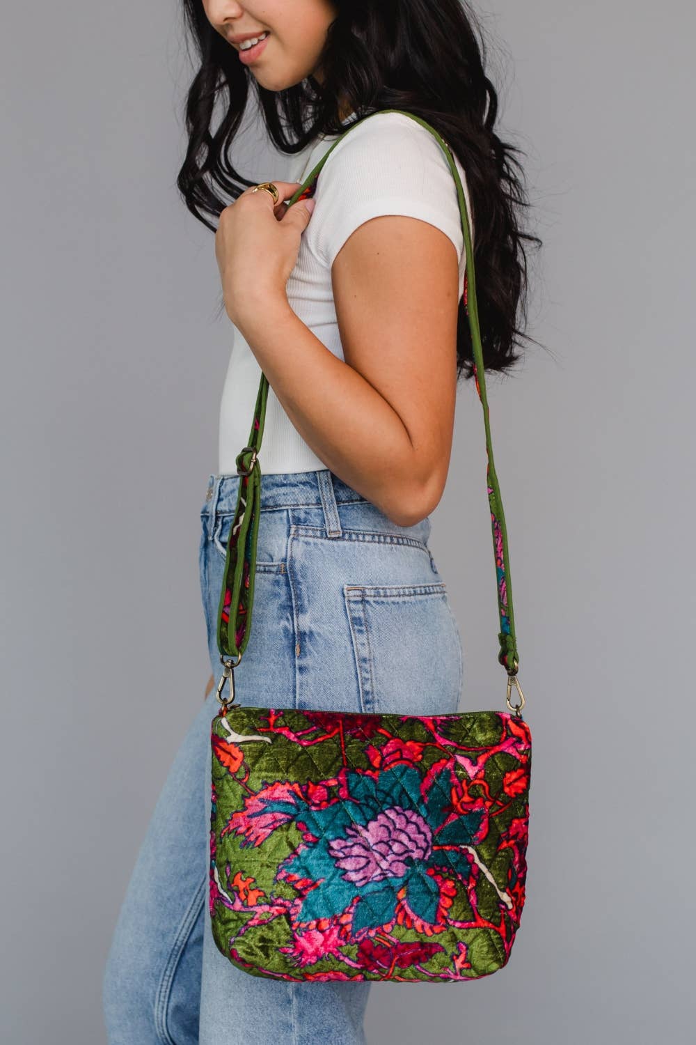 Olive & Multicolored Floral Crossbody