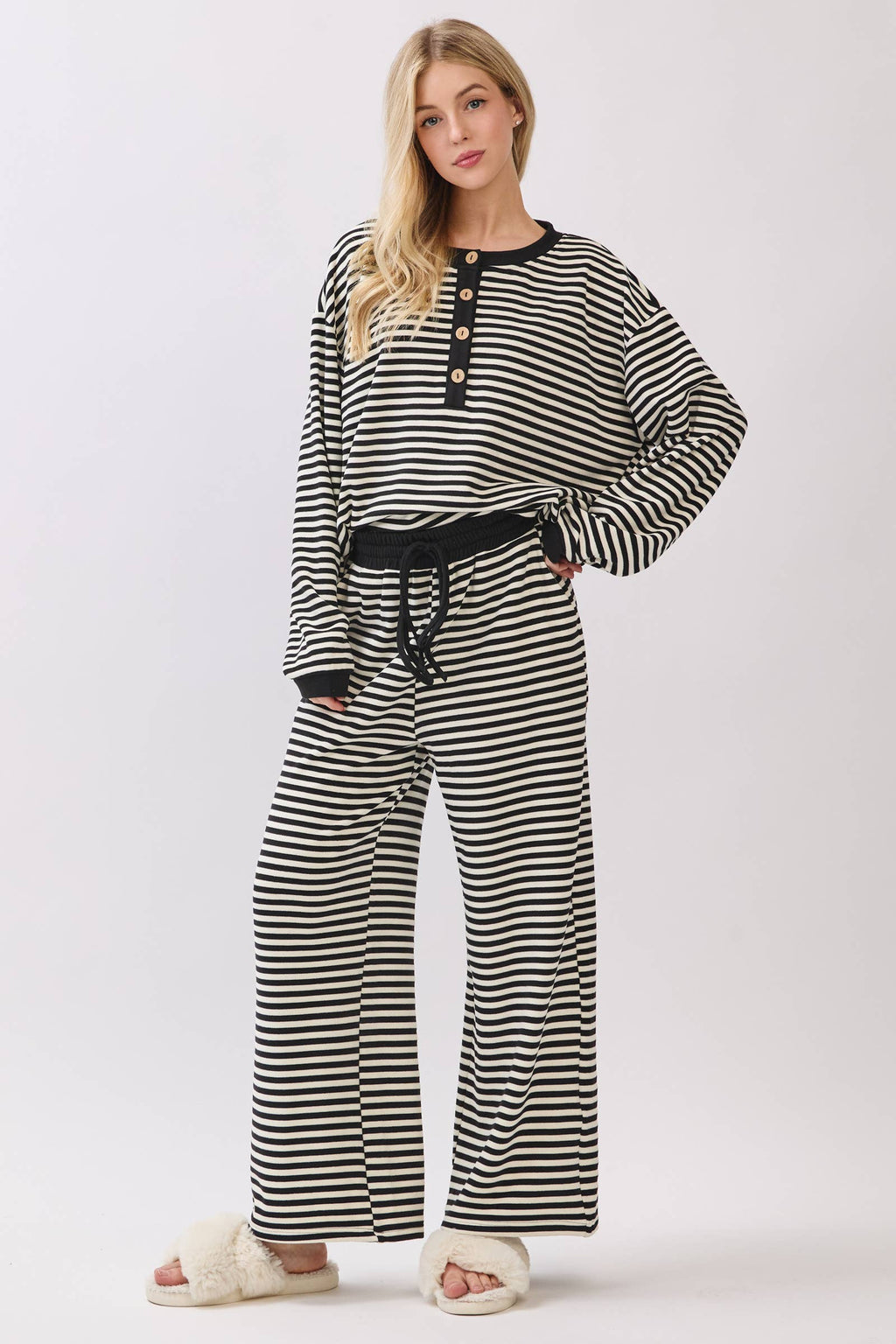Black & White Striped Button Top