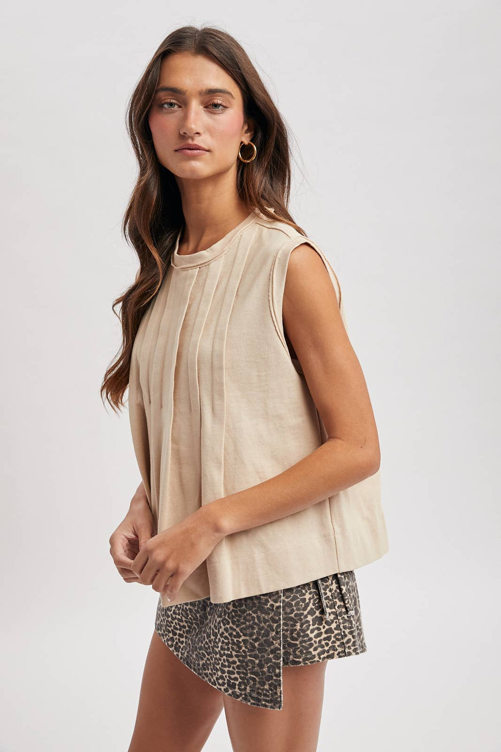Sand Pleated Knit Tank Top