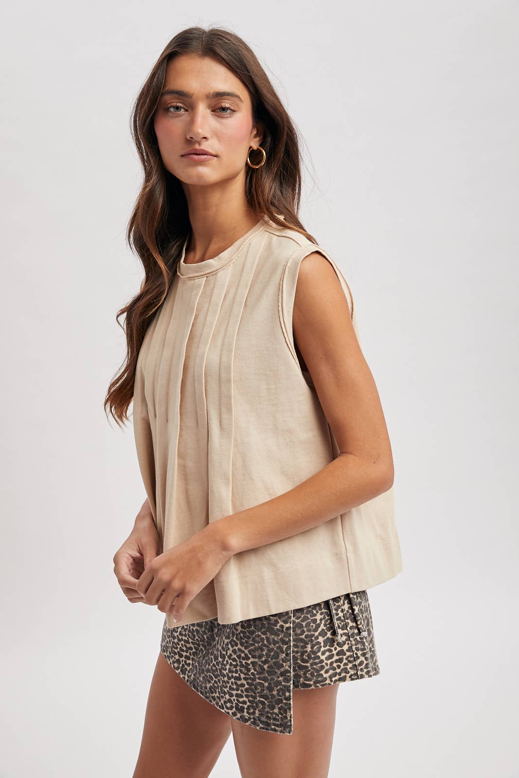 Sand Pleated Knit Tank Top