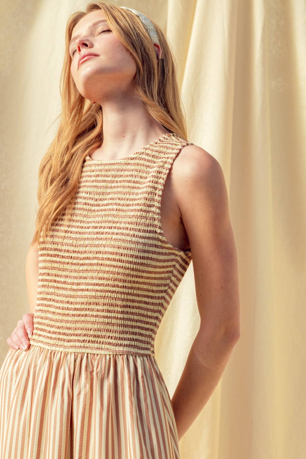 Brown Striped Smocked Top Dress