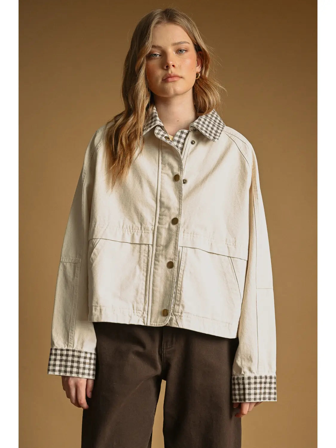 Beige Gingham Collared Twill Jacket