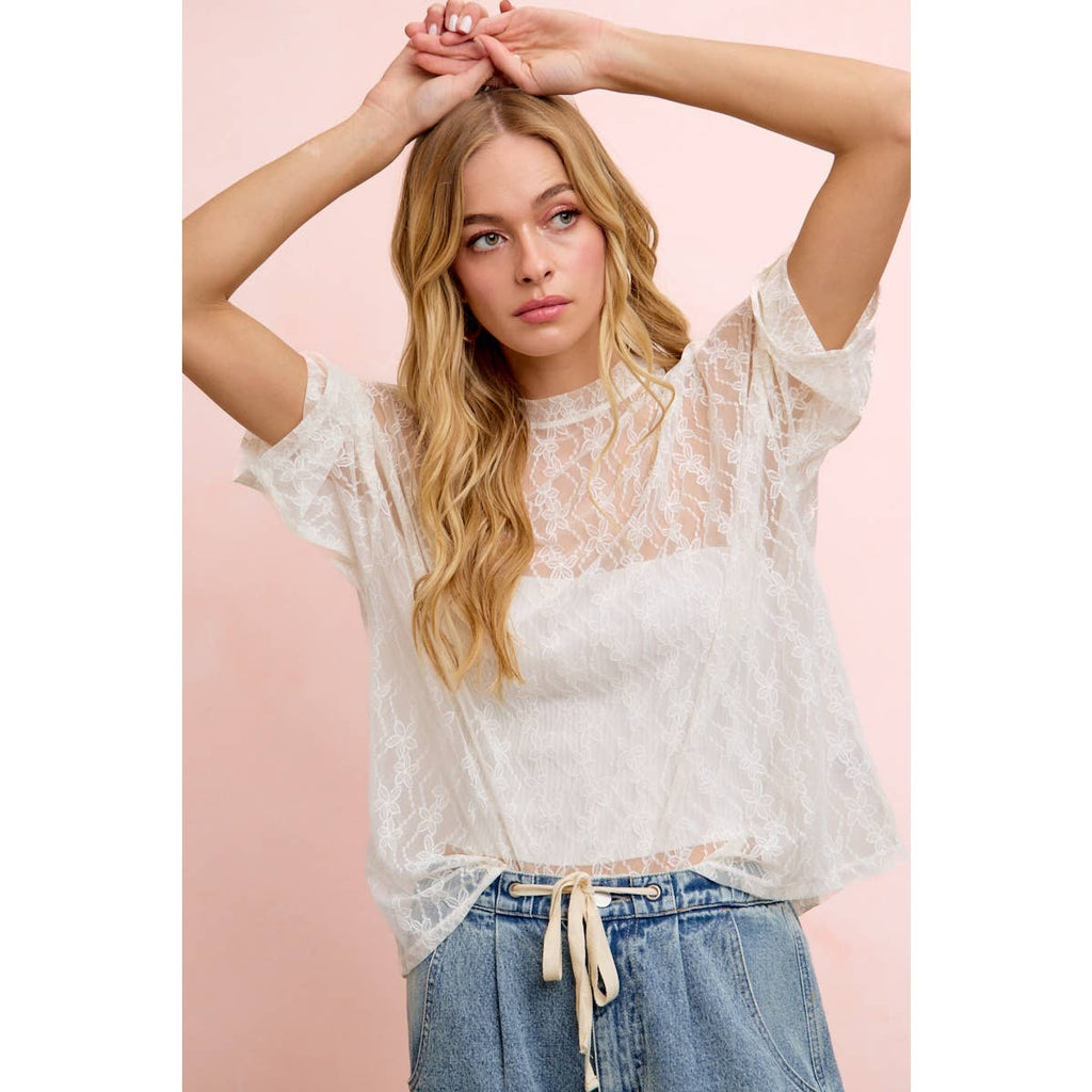 Cream Floral Boxy Mesh Top