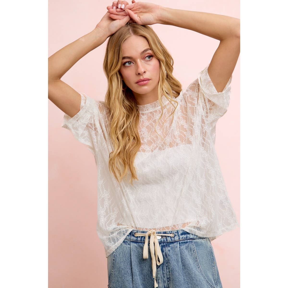 Cream Floral Boxy Mesh Top