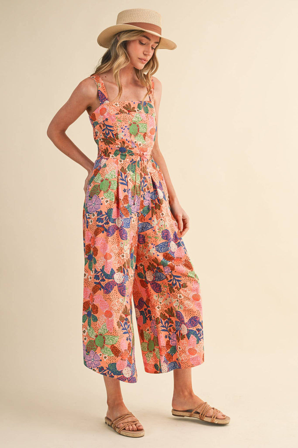 Coral Floral Pleated Wide Leg Jumpsuit