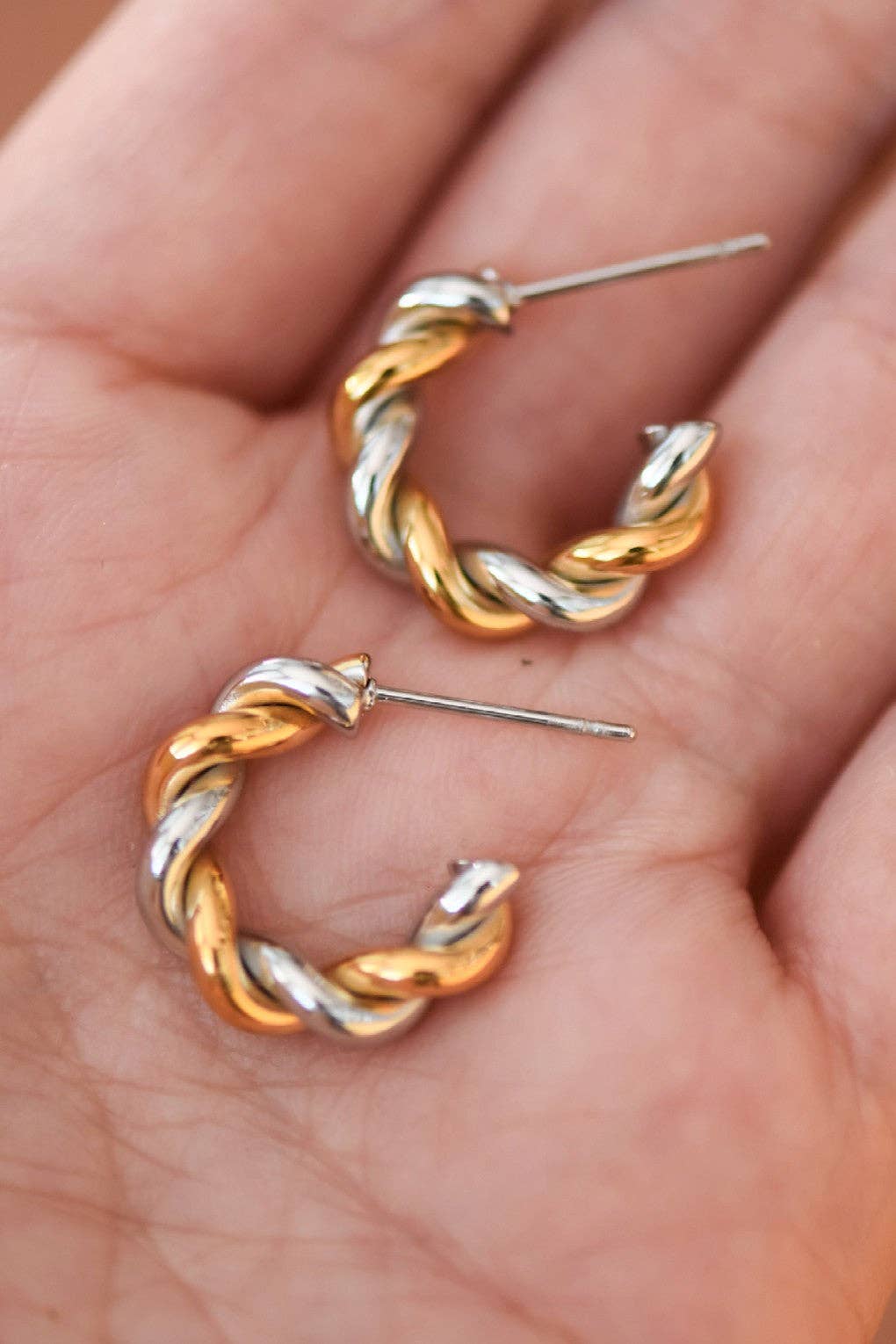 Gold Two Tone Twist Stainless Steel Hoop Earrings