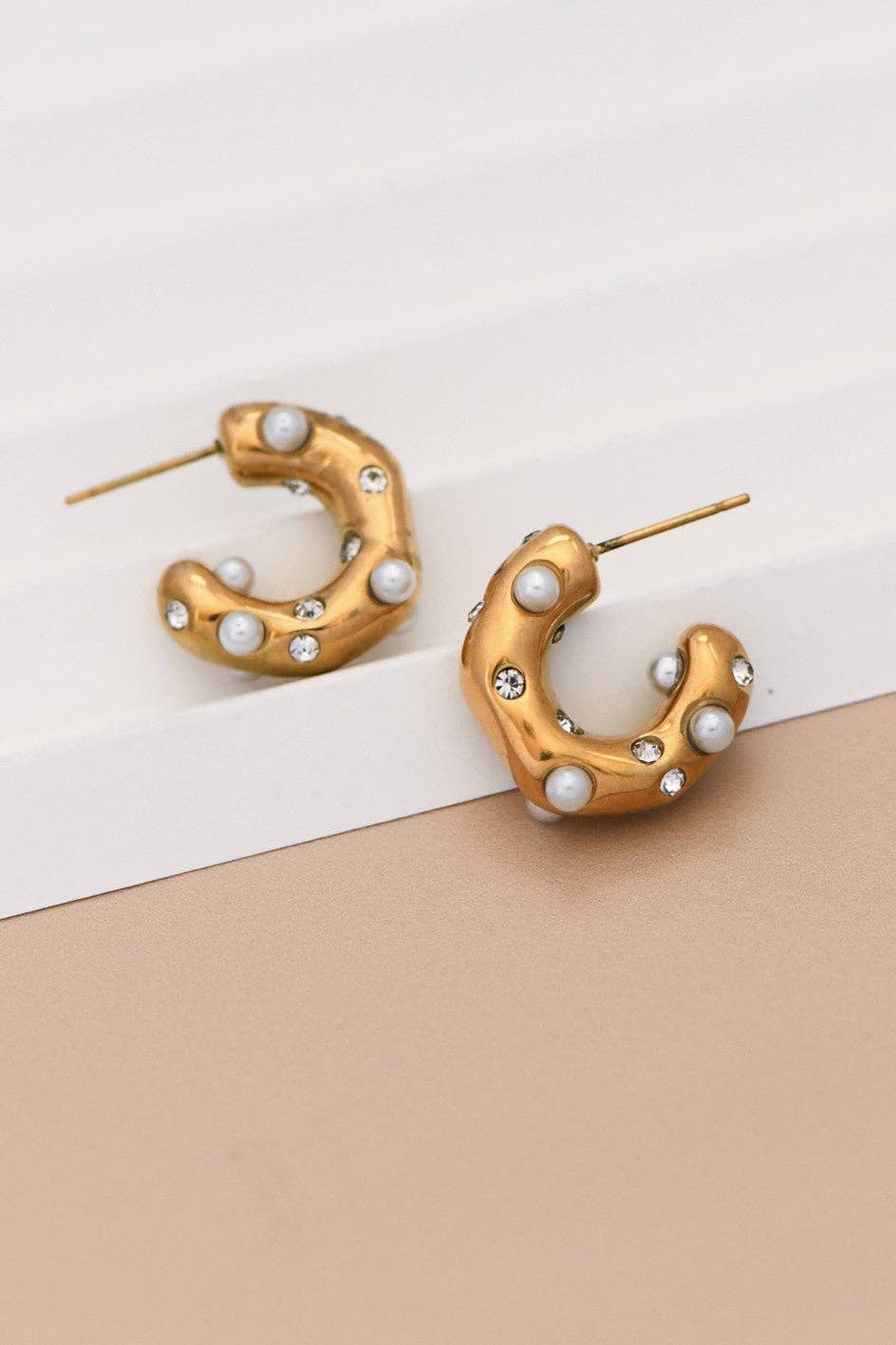 Pearl & Gold Stainless Steel Hoop Earrings