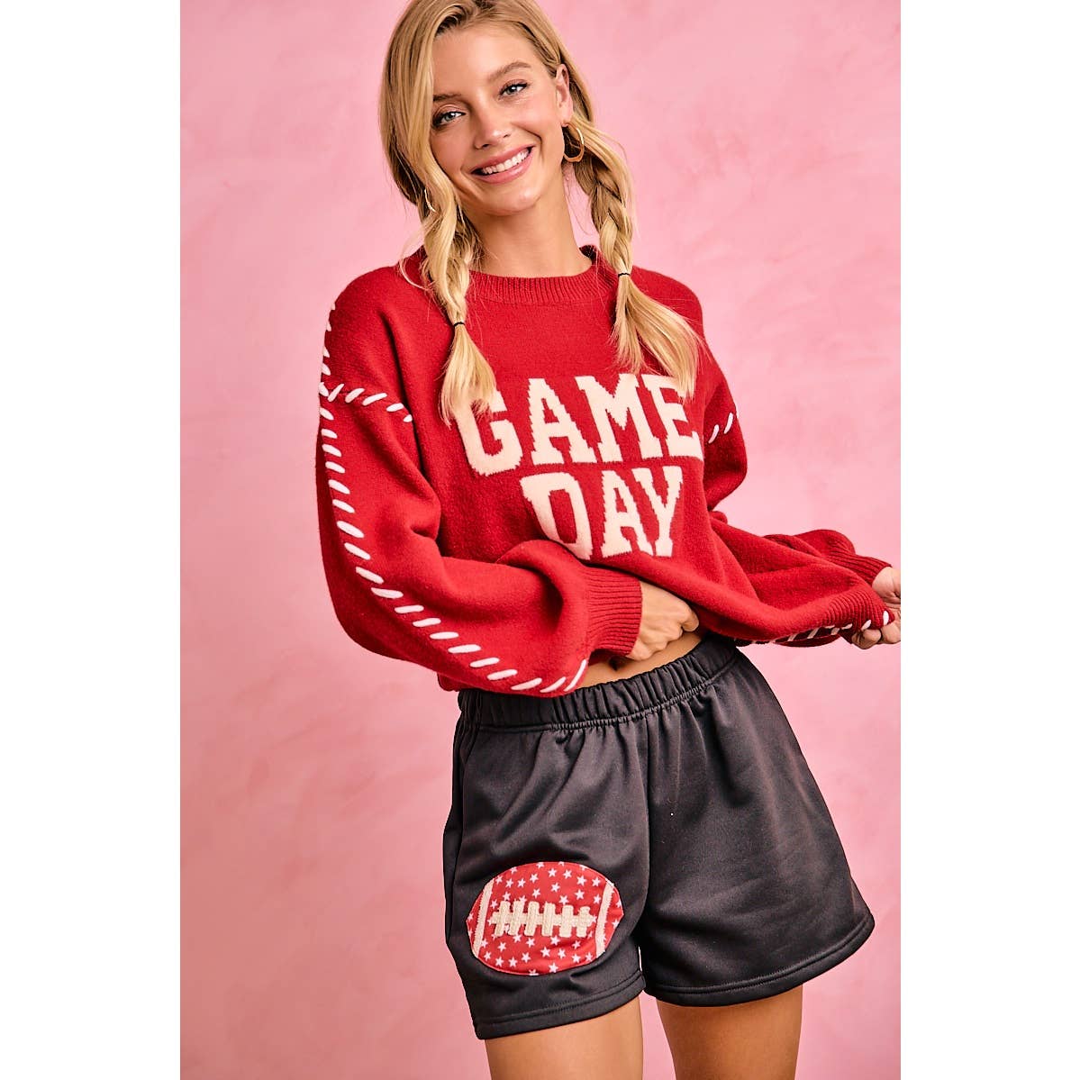 Red Gameday Contrast Stitch Sweater