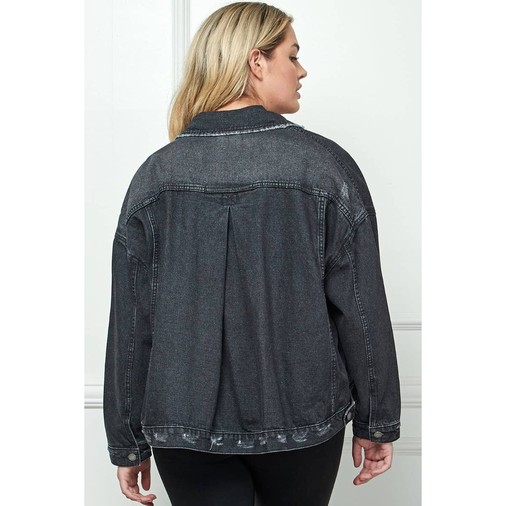 Plus Size Black Oversize Pleated Back Denim Jacket