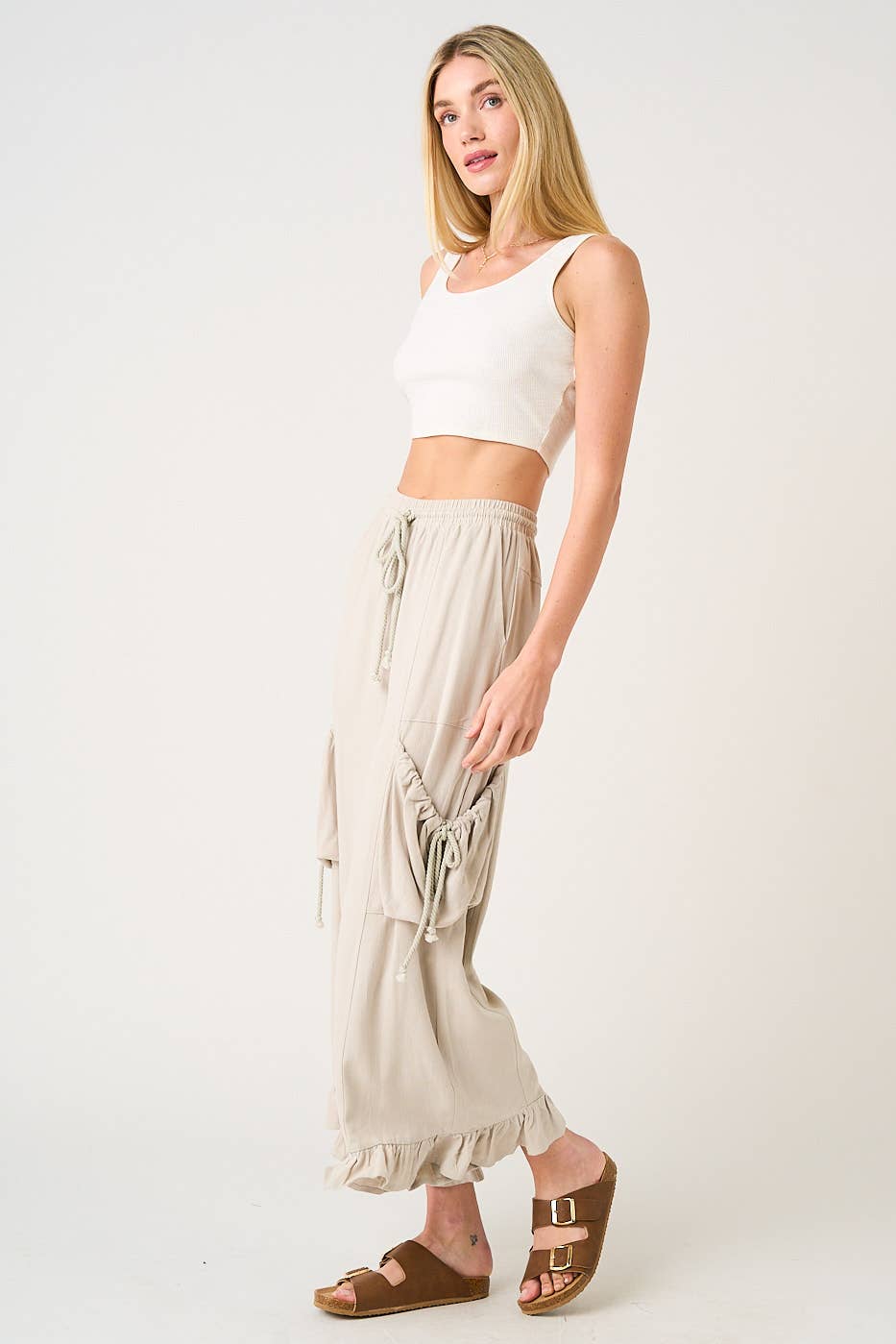 Silver Oat Ruffle Hem Wide Leg Pant