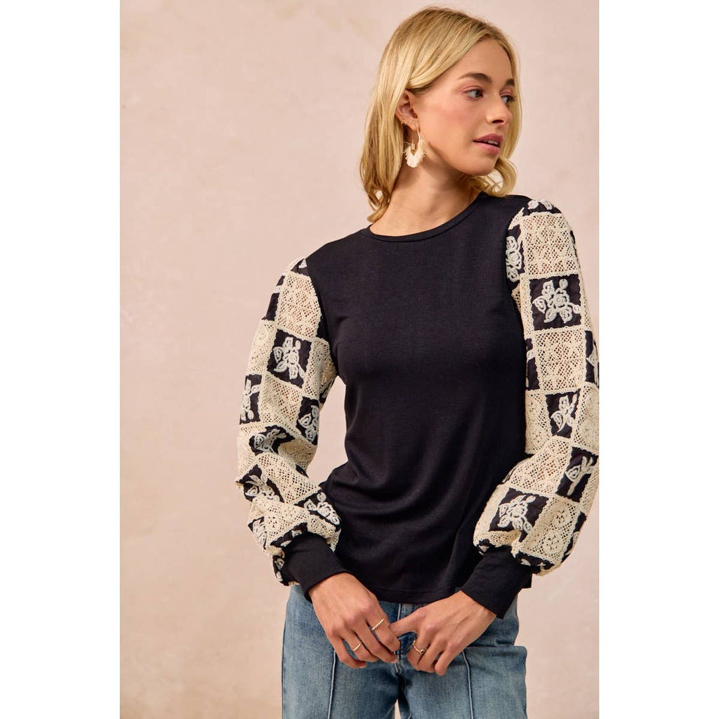 Black Flower Crochet Sleeve Top