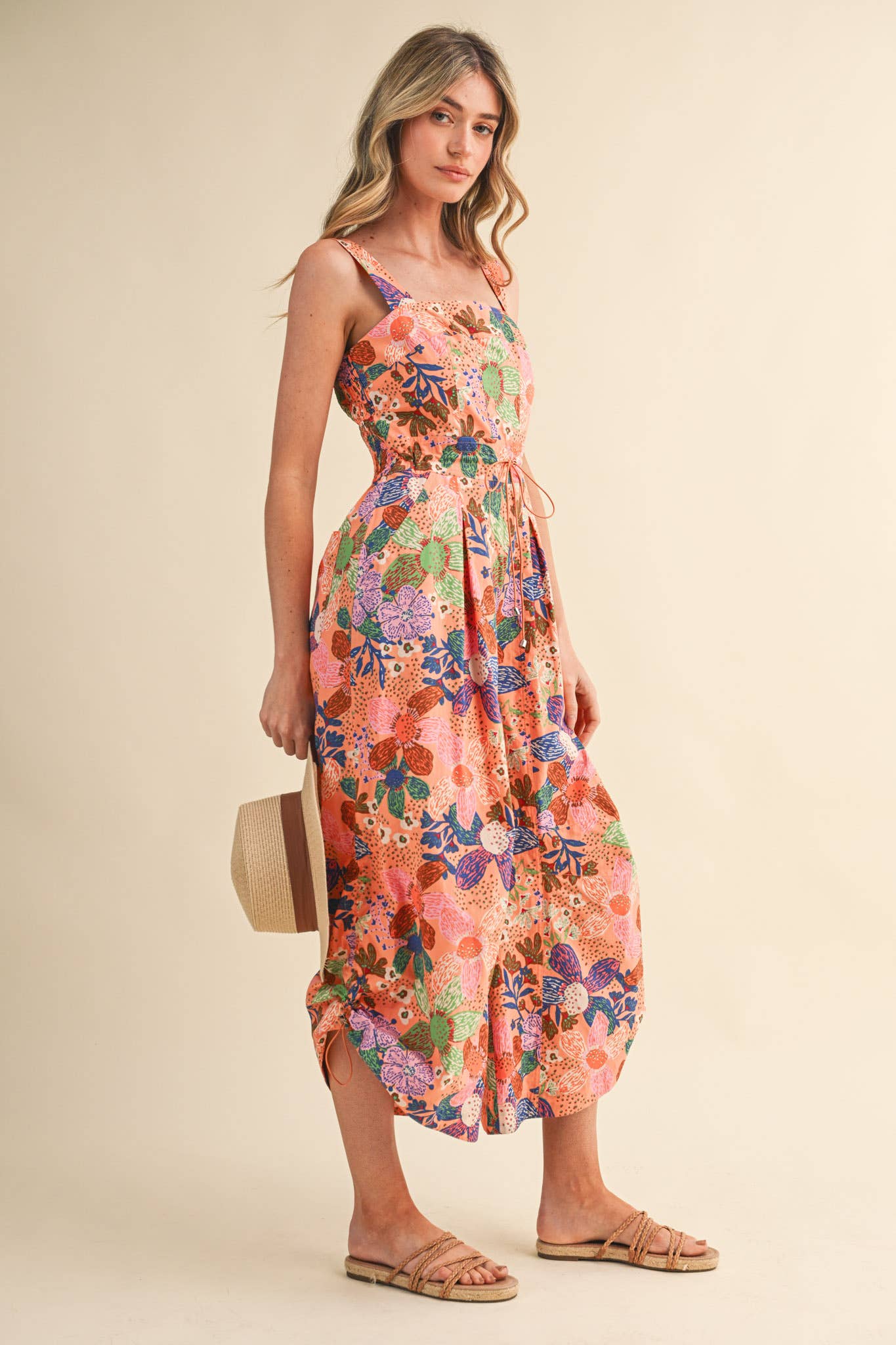 Coral Floral Pleated Wide Leg Jumpsuit