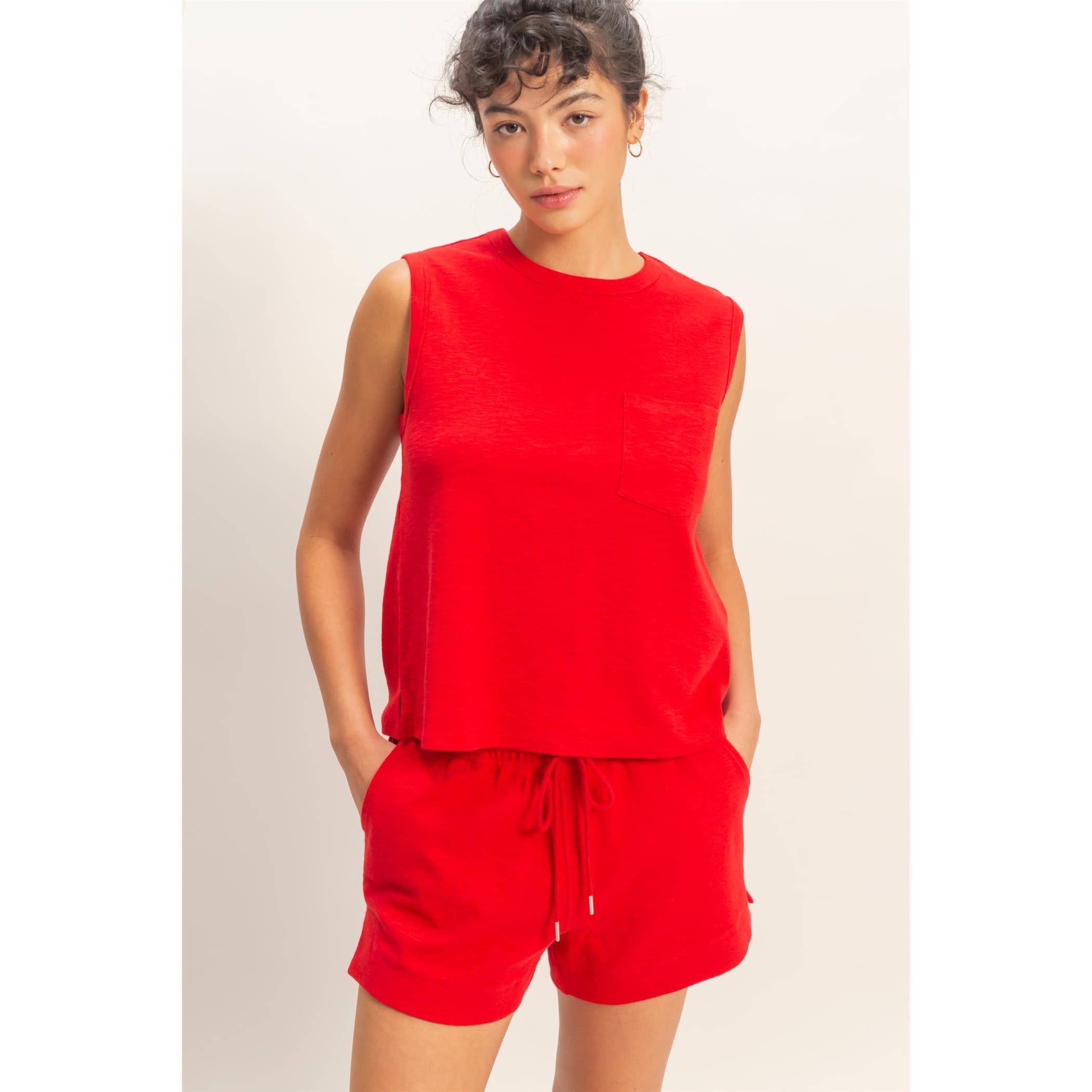 Red Sleeveless Cotton Top With Pocket