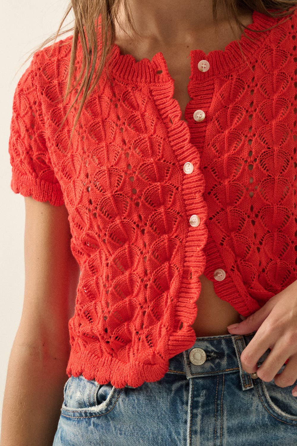 Red Crochet-Knit Buttoned Cardigan