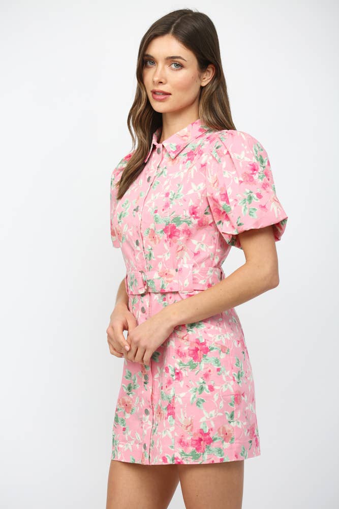 Pink Printed Button Down Mini Dress