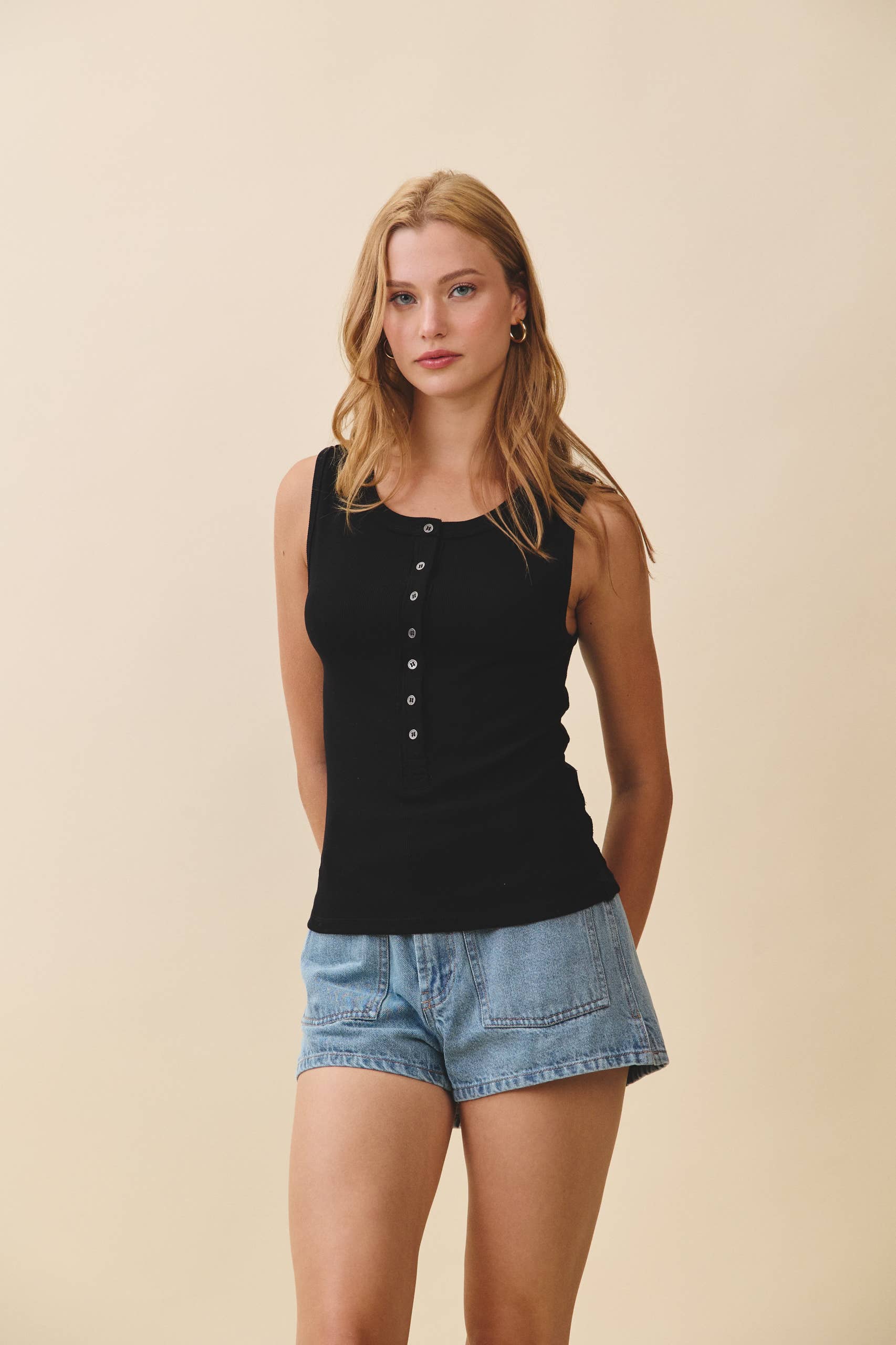Black Ribbed Henley Tank Top
