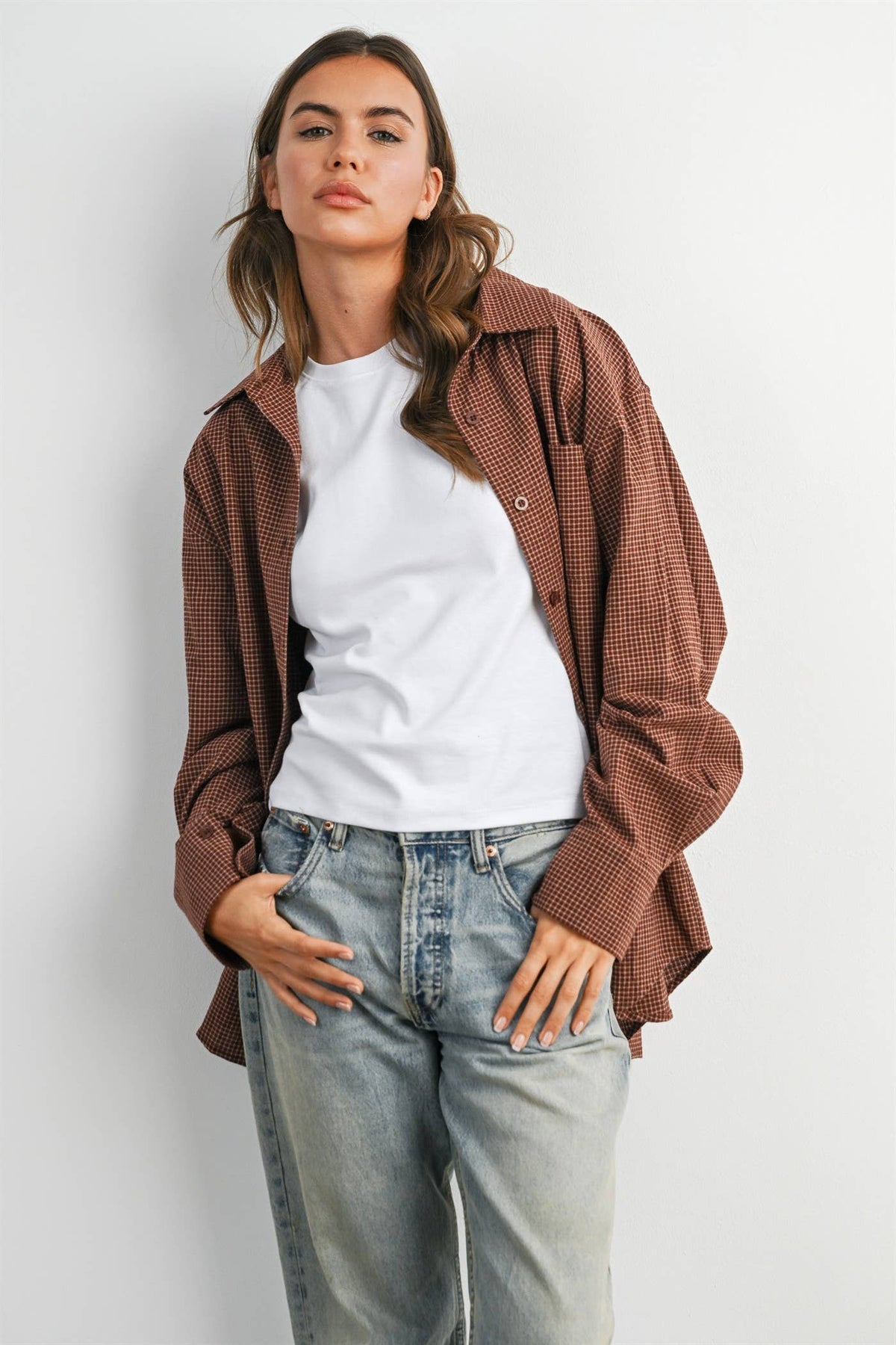 Brown Gingham Button-Up Shirt
