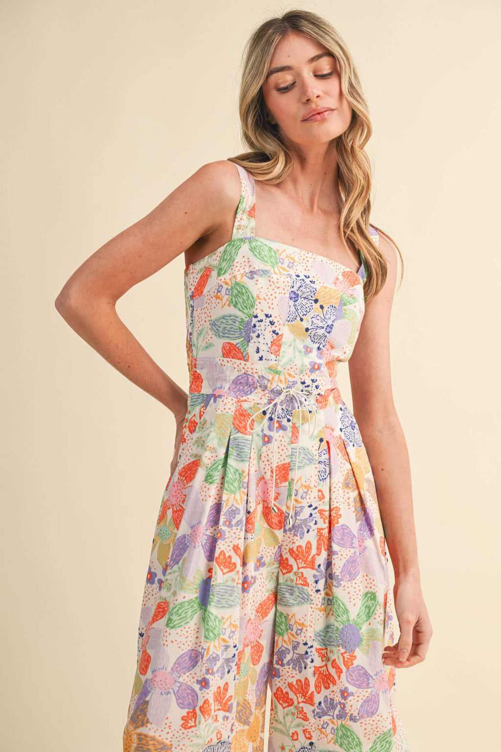 Coral Floral Pleated Wide Leg Jumpsuit