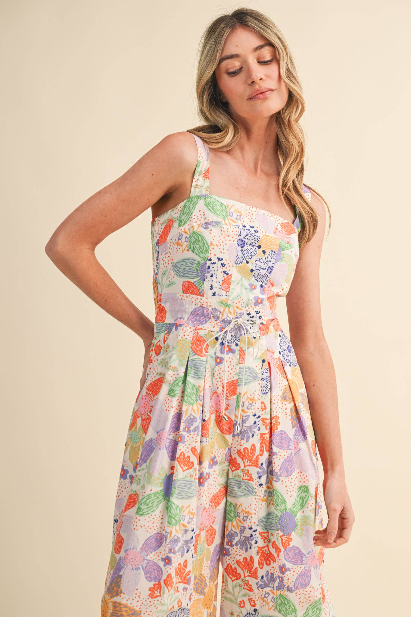 Coral Floral Pleated Wide Leg Jumpsuit