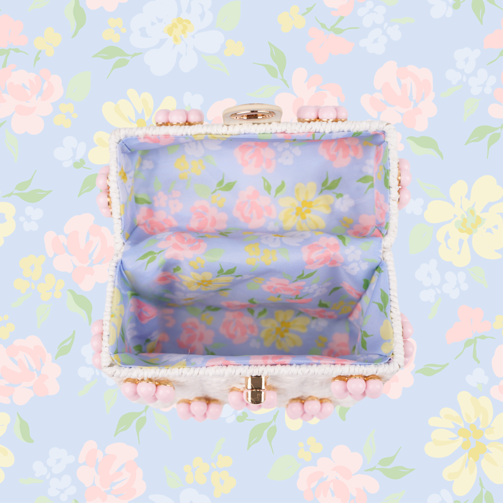 White & Multicolor Wicker Bucket Daisy Flower Purse