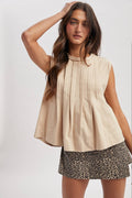 Sand Pleated Knit Tank Top