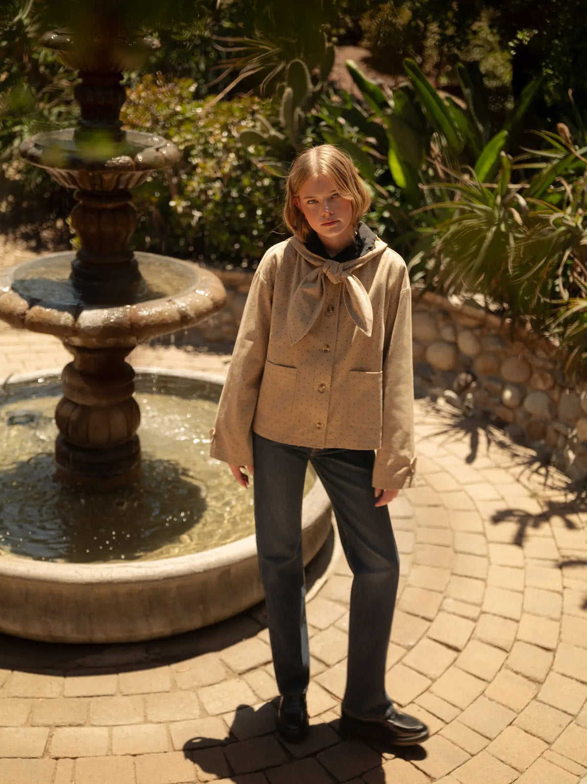 Beige Dot Jacket With Hood & Scarf