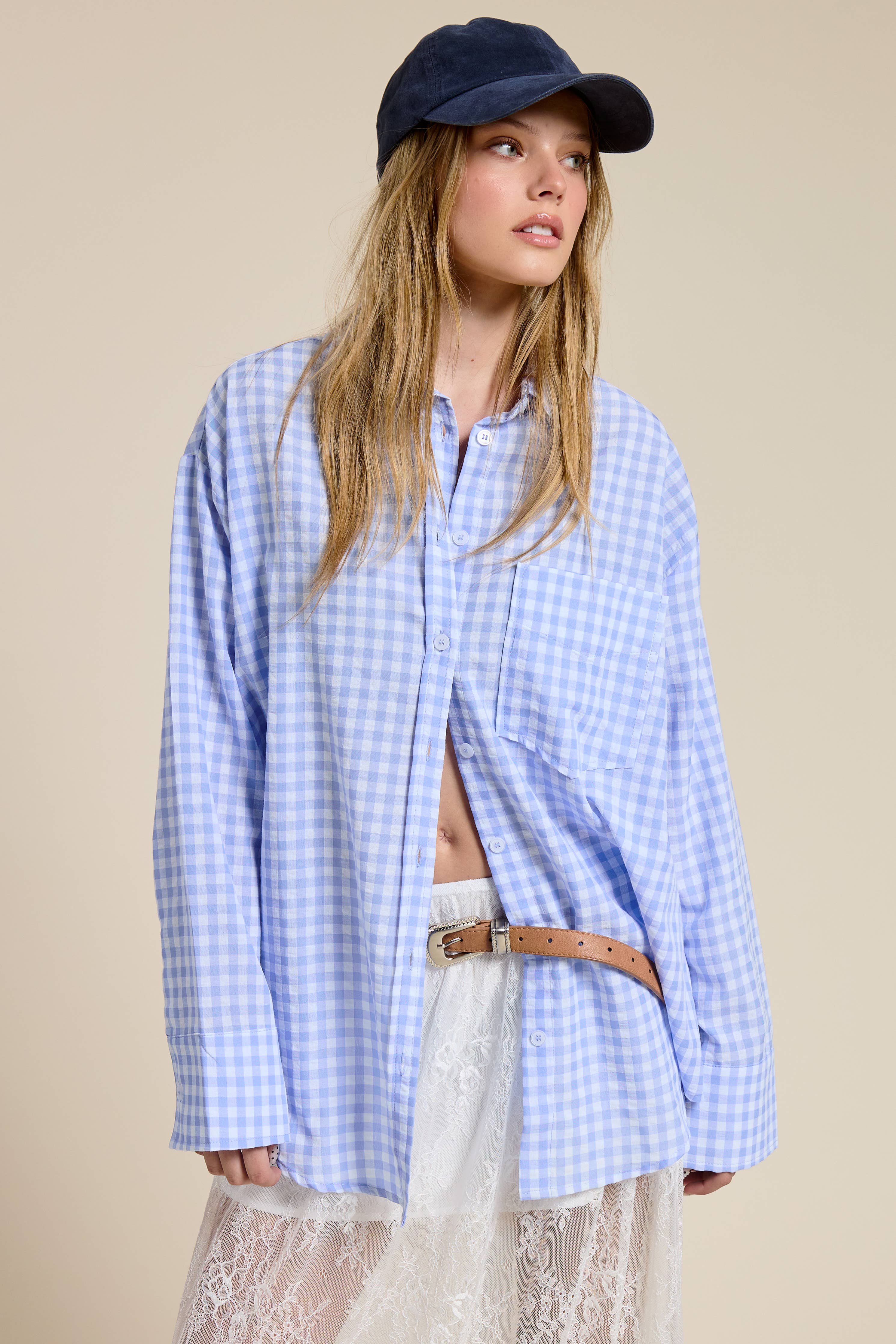 Light Blue Oversized Gingham Button Down Shirt