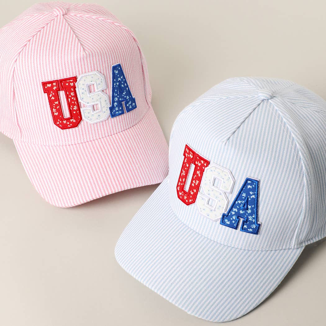 Blue USA Letter Patch Striped Trucker Hat