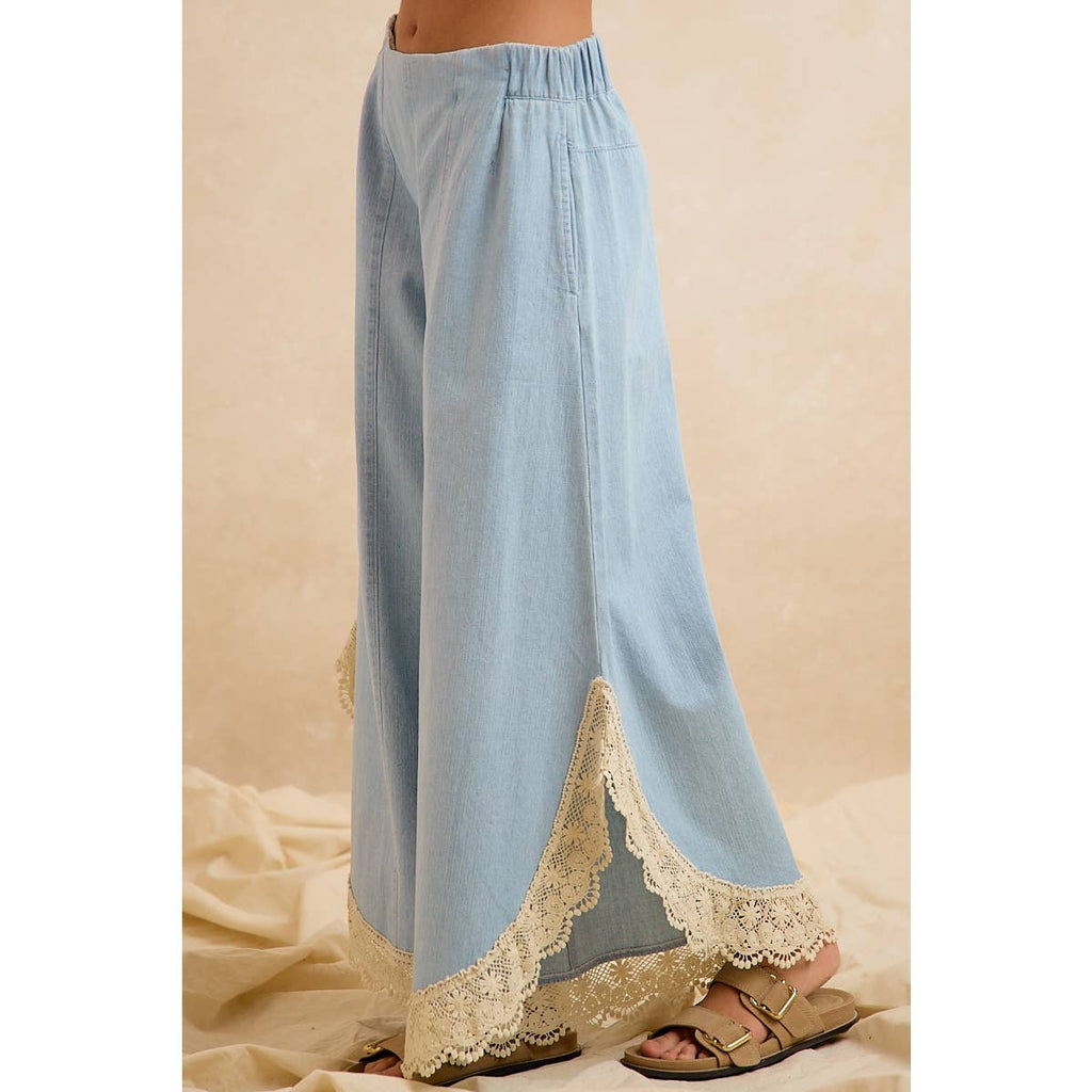 Denim Wide Leg Lace Tulip Hem Jeans