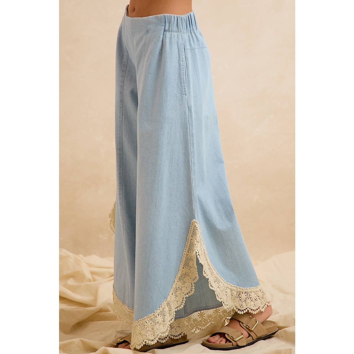 Denim Wide Leg Lace Tulip Hem Jeans