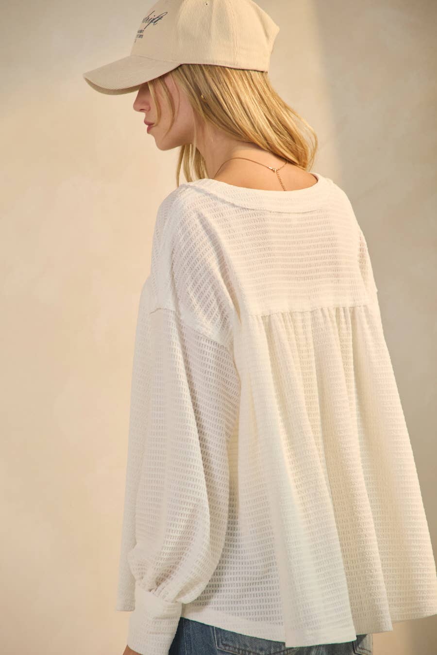 Plus White Textured Knit Henley Blouse
