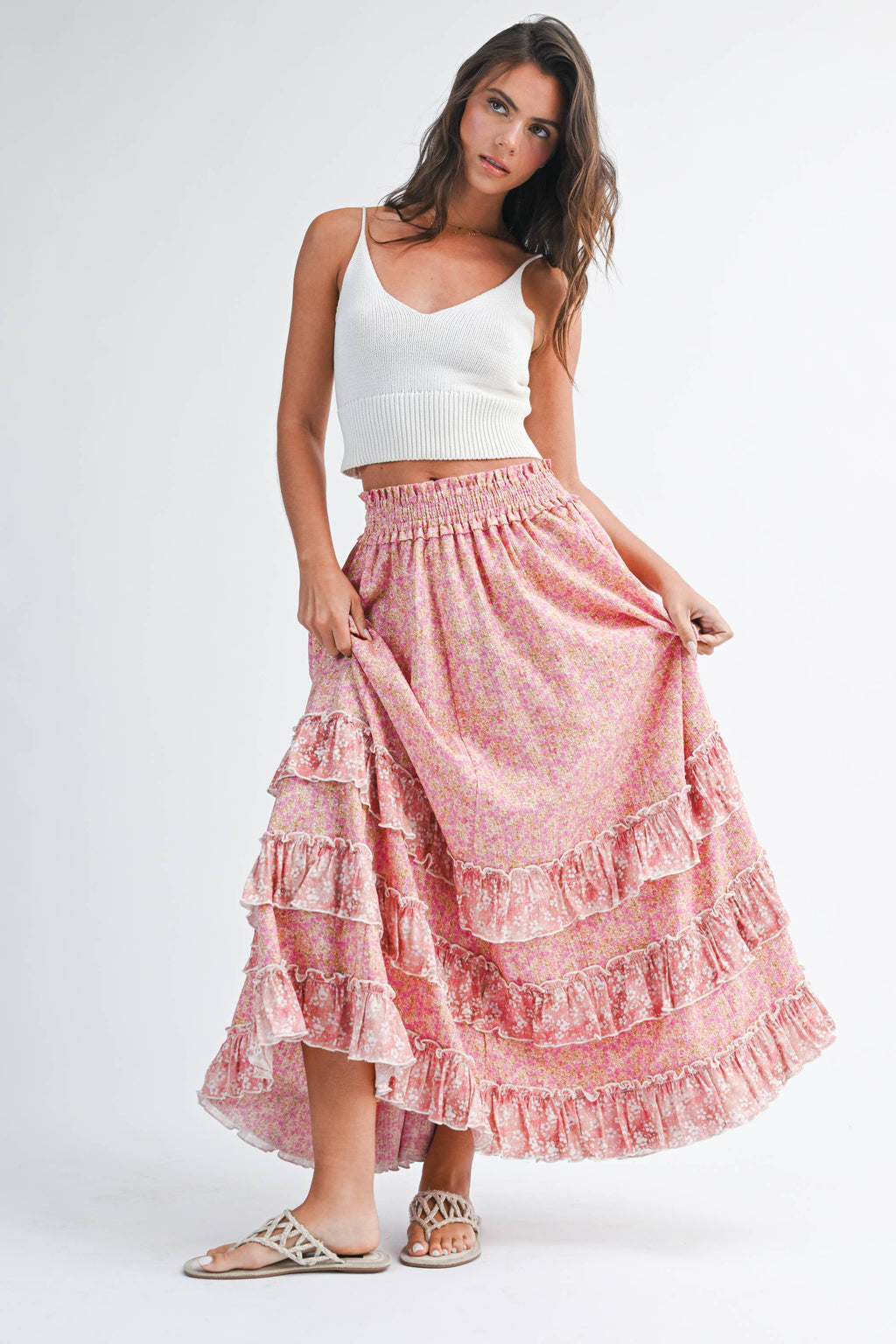 Pink Floral Ruffle Maxi Skirt