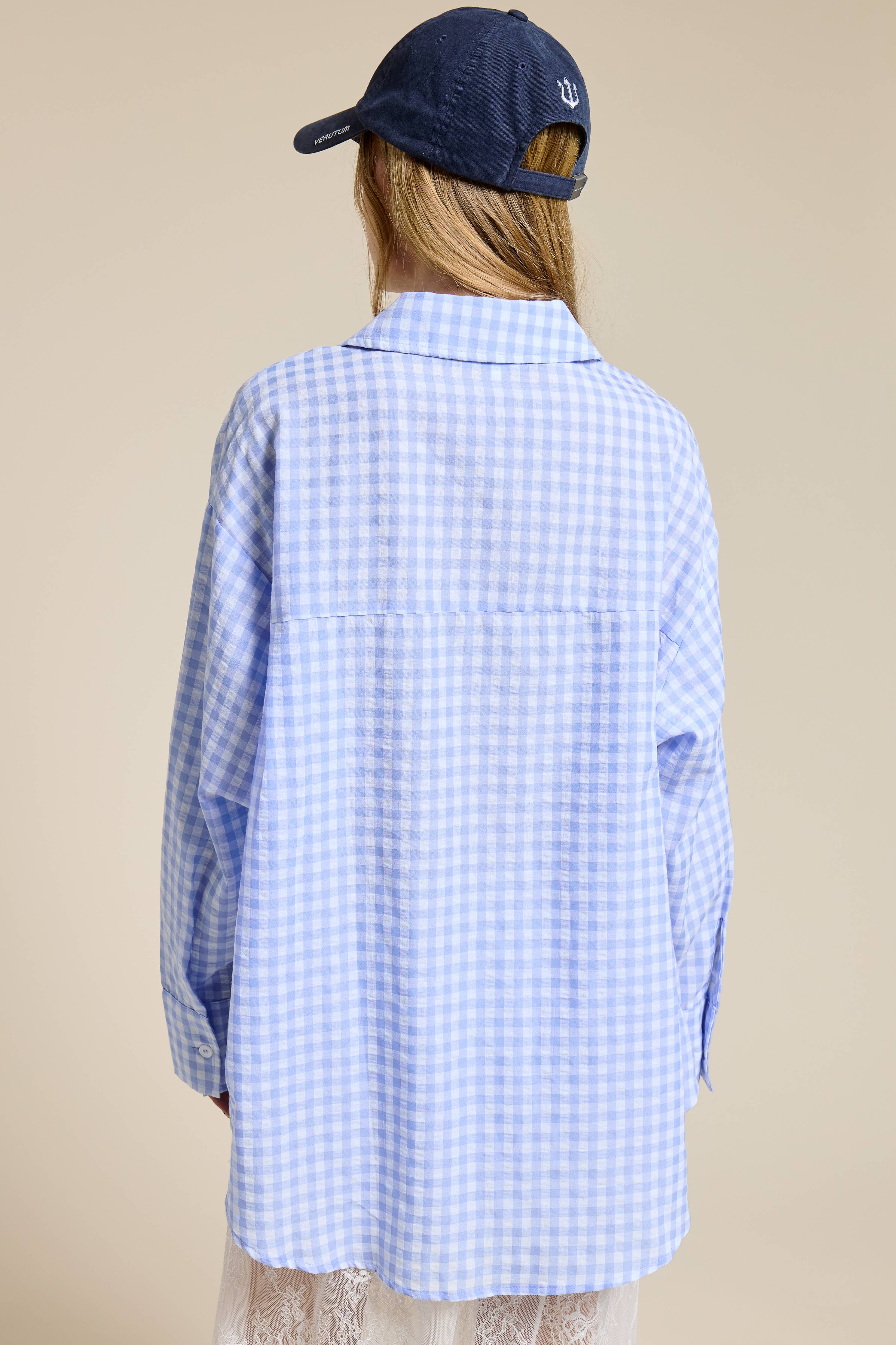 Light Blue Oversized Gingham Button Down Shirt