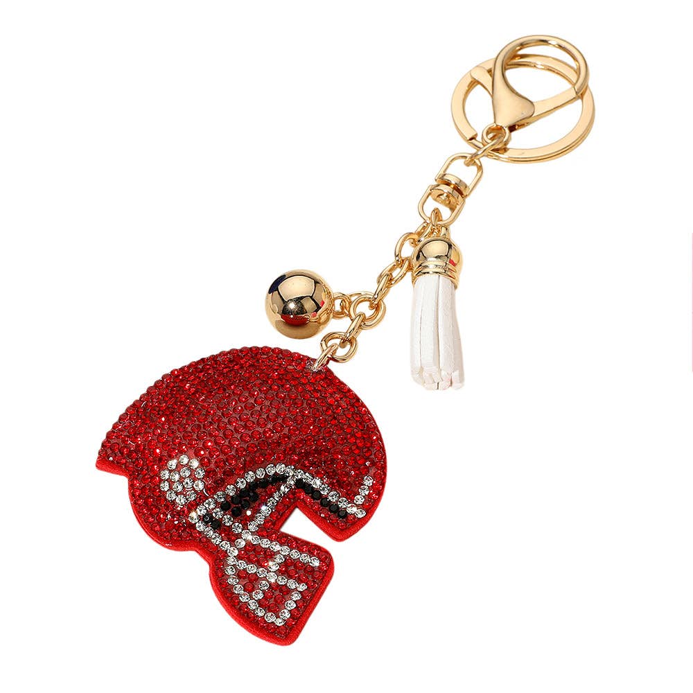 Red & White Bling Studded Football Helmet Keychain Bag Charm