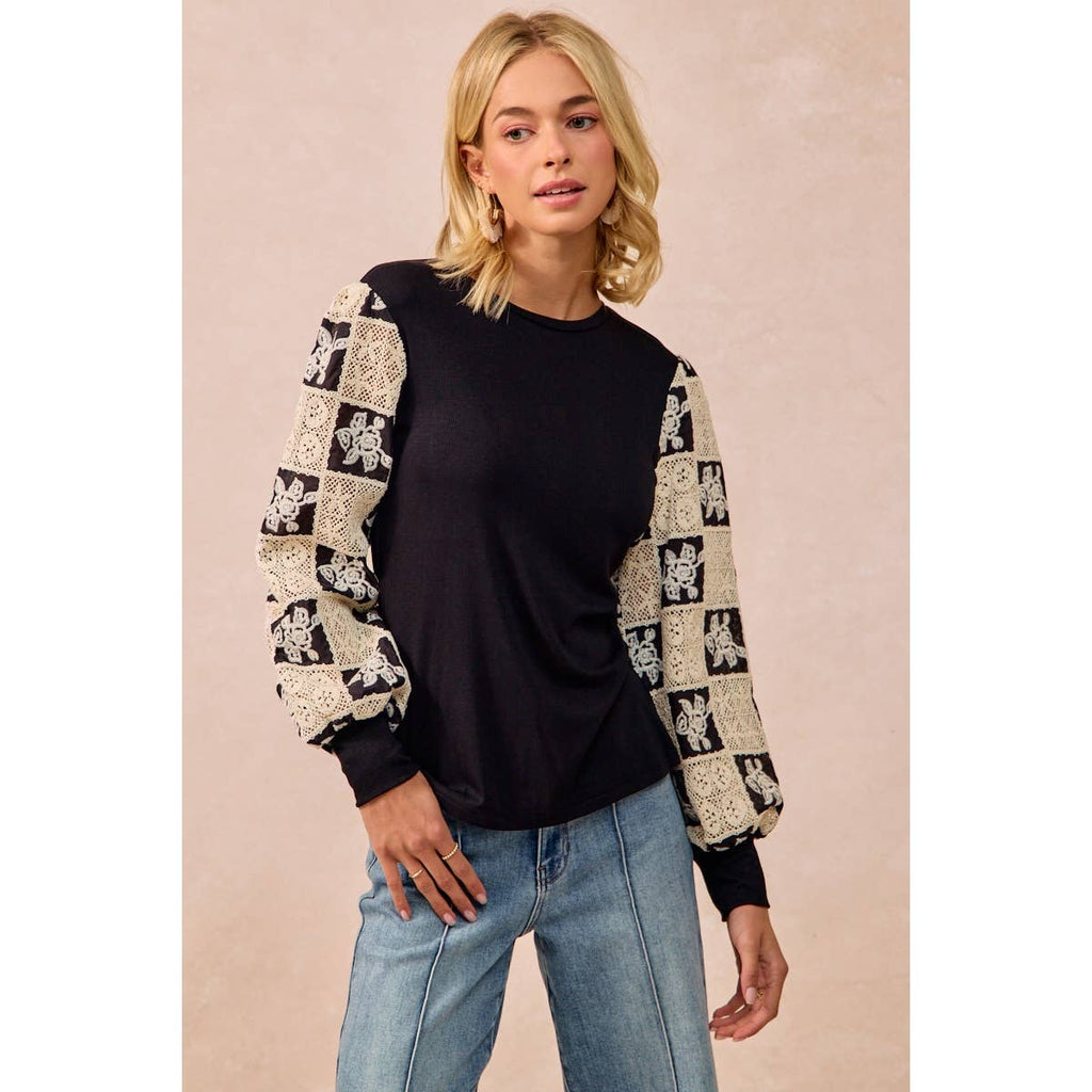 Black Flower Crochet Sleeve Top
