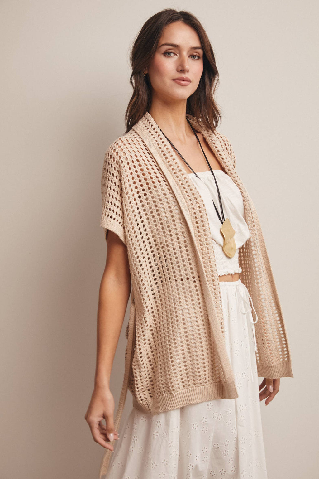 Natural Open Knit Belted Cardigan