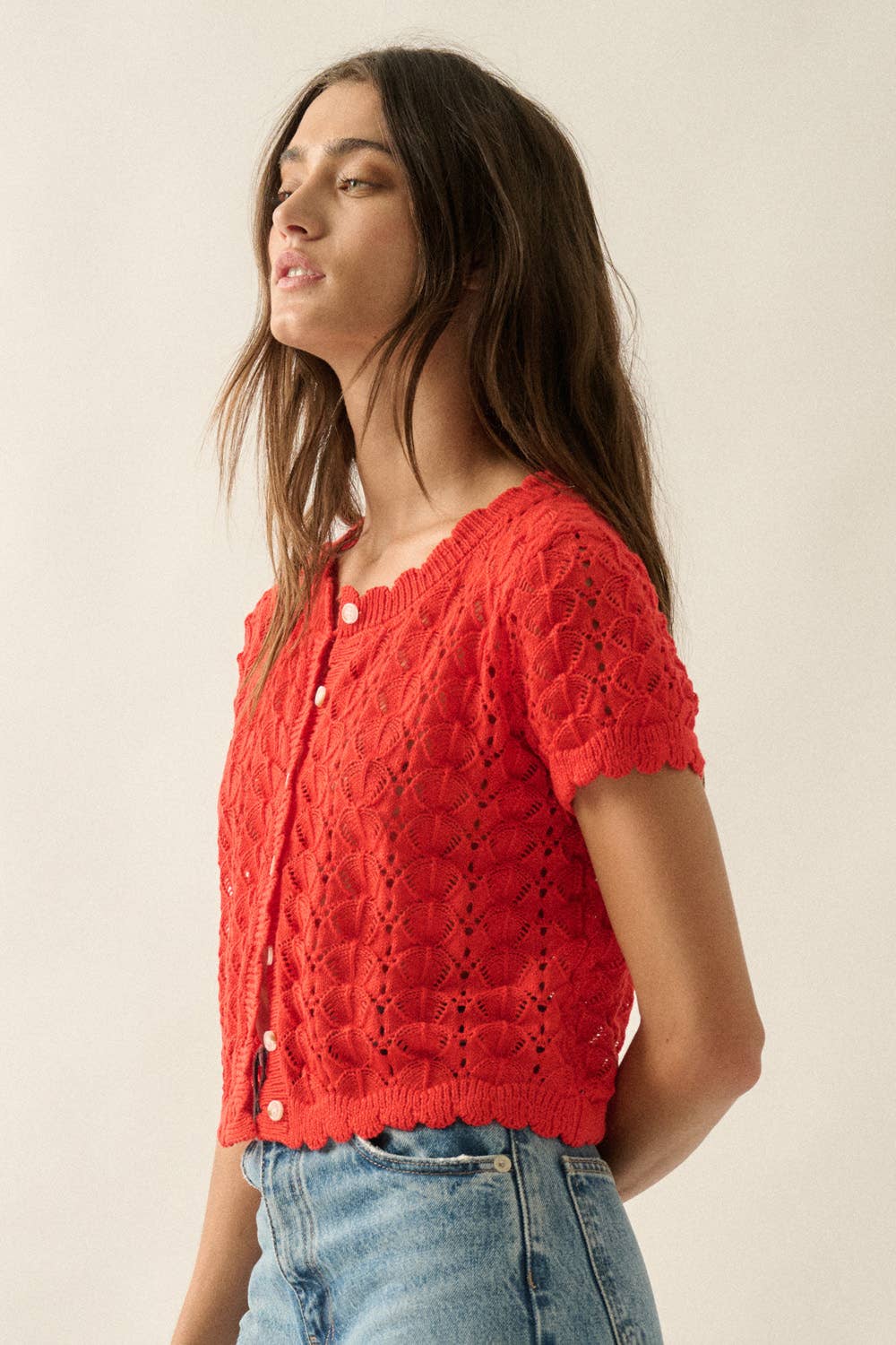 Red Crochet-Knit Buttoned Cardigan