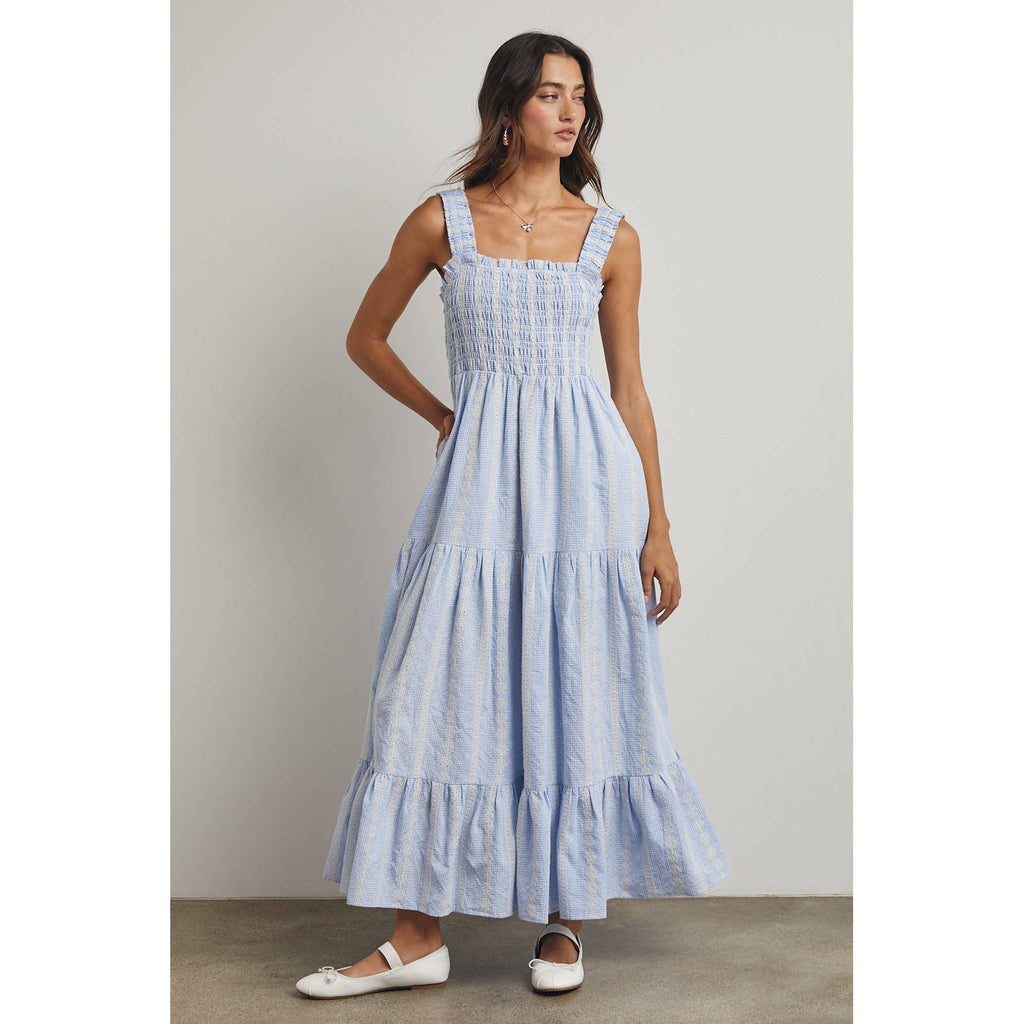 Blue & White Striped Smocked Maxi Dress